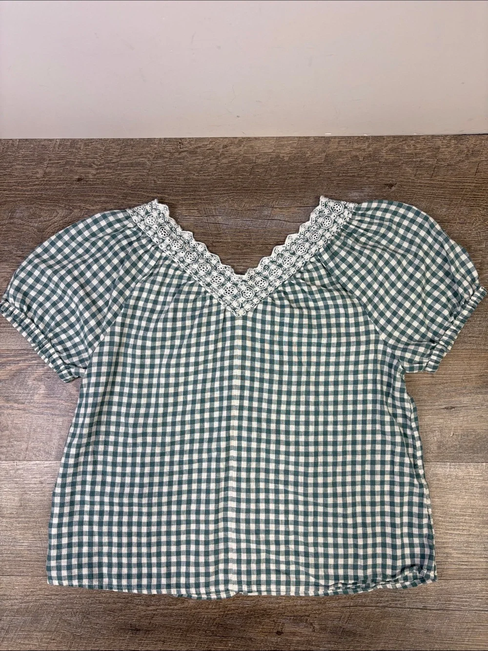 Madewell Green Gingham Linen Blend Eyelet Lace Trim Blouse Size XS